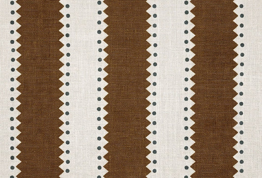 Papel tapiz con franjas verticales marrón lacre, bordes en zigzag y puntos sobre fondo crema