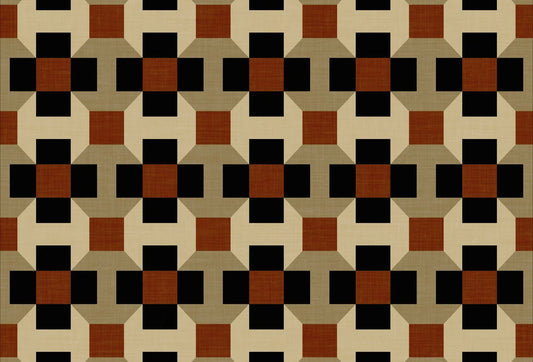 Papel tapiz con patrón geométrico modular en bloques color terracota ladrillo, negro y beige sobre fondo neutro.
