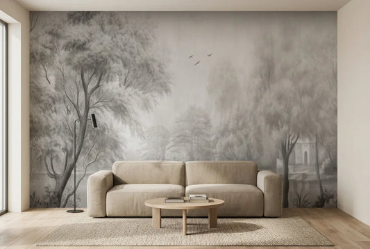 Papel tapiz Laghetto instalado en una sala de estar minimalista