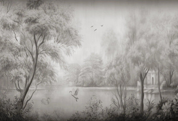 Papel tapiz mural con paisaje clásico de lago entre árboles y cisnes en escala de grises.