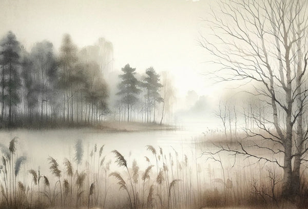 Papel tapiz mural con paisaje de lago en tonos beige y niebla suave con siluetas de árboles y juncos.