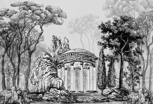 Papel tapiz mural con ilustración estilo grabado en blanco y negro de glorieta clásica rodeada de jardines y árboles.