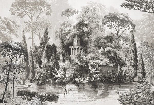 Papel tapiz mural con grabado clásico de villa junto al lago, garzas y bosque en tonos gris y blanco.