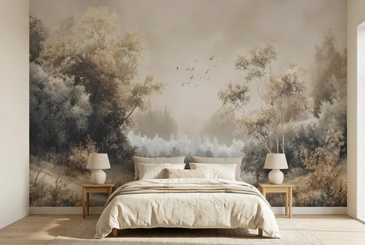 Papel tapiz Lago Iseo instalado en un dormitorio sereno
