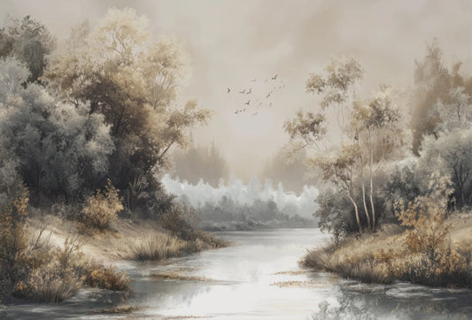 Papel tapiz mural con paisaje pictórico de río, árboles en tonos beige y aves al vuelo