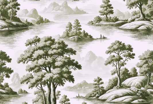 Papel tapiz estilo Toile de Jouy con paisaje de árboles, lagos e islas en tono verde oliva sobre fondo marfil.