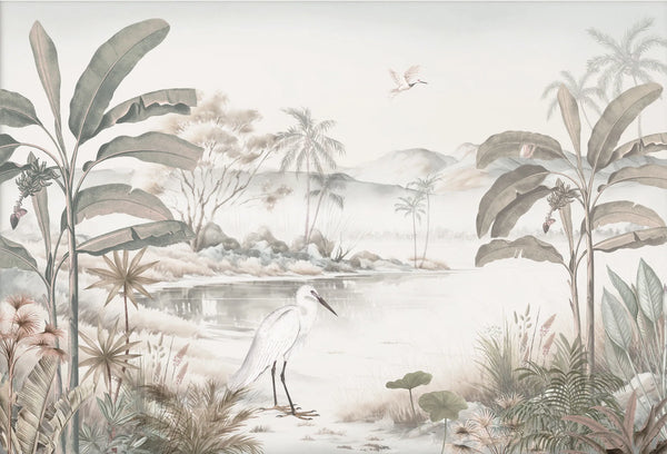 Papel tapiz mural con paisaje tropical de laguna, garza blanca, palmeras y plataneros en tonos salvia y beige