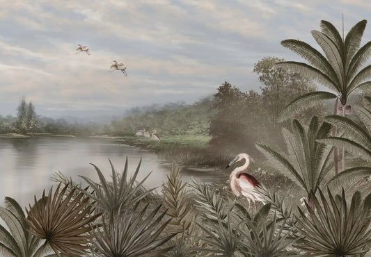 Papel tapiz mural con paisaje tropical de laguna, palmeras, vegetación y garzas en tonos oliva y sepia.