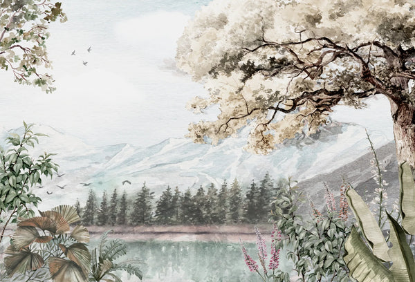 Papel tapiz mural con paisaje de montañas, lago y árboles frondosos en tonos beige y verde