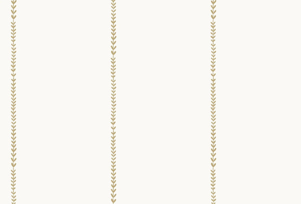 Papel tapiz con patrón de líneas verticales botánicas de hojas verdes sobre fondo blanco crema.