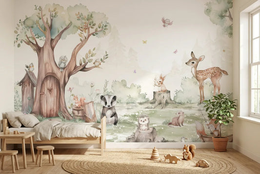 Papel tapiz Le Parc Infantil Bosques instalado en una habitación infantil