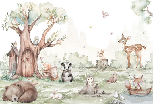 Papel tapiz infantil en acuarela con animales del bosque como oso, ciervo y zorro en tonos verdes y beige