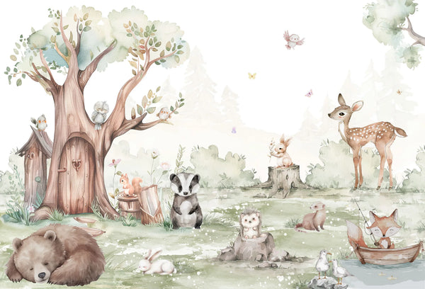 Papel tapiz infantil en acuarela con animales del bosque como oso, ciervo y zorro en tonos verdes y beige