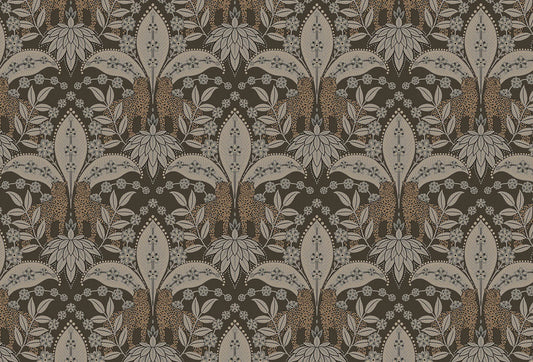 Papel tapiz con patrón simétrico de leopardos y hojas estilizadas en tono beige y carbón