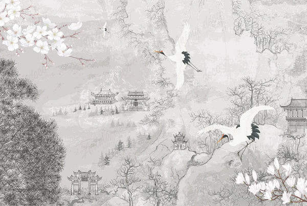 Papel tapiz mural estilo oriental con grullas en vuelo, templos y flores de cerezo en tonos grises y blanco.
