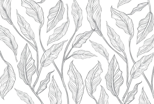 Papel tapiz con elegante diseño botánico de hojas en líneas finas grises sobre fondo blanco luminoso.