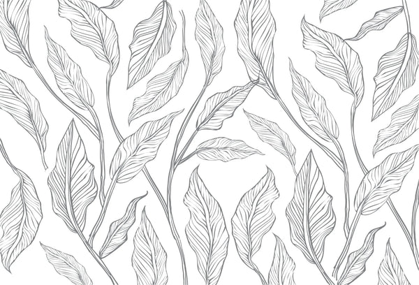 Papel tapiz con elegante diseño botánico de hojas en líneas finas grises sobre fondo blanco luminoso.
