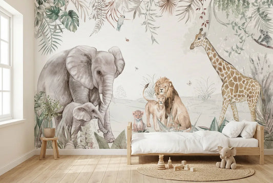 Papel tapiz Libria Safari instalado en una habitación infantil