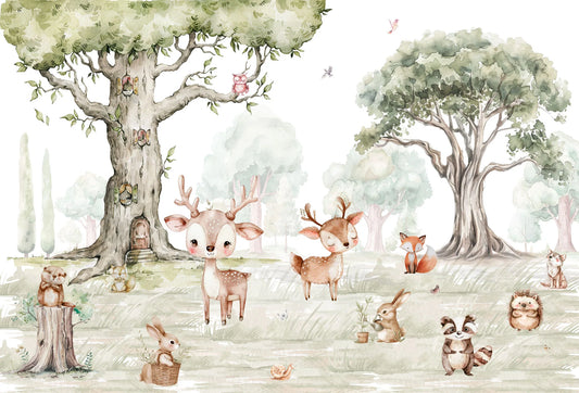 Papel tapiz mural infantil con tiernos animales del bosque y árboles en acuarela beige y verde