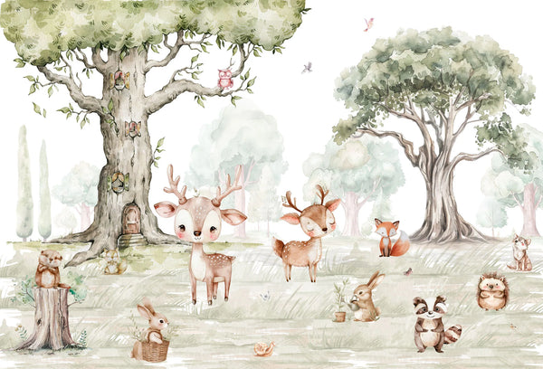Papel tapiz mural infantil con tiernos animales del bosque y árboles en acuarela beige y verde