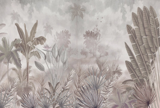 Papel tapiz mural estilo grabado con palmeras y vegetación tropical en tonos taupe y gris