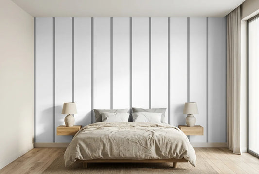Papel tapiz Linear Gris instalado en un dormitorio sereno