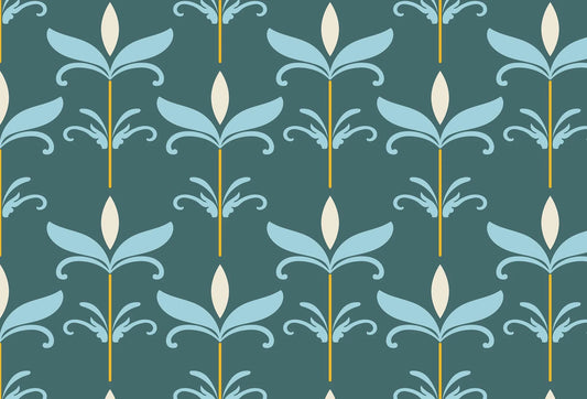 Papel tapiz con patrón botánico estilizado de flores celestes y crema sobre fondo verde petróleo.