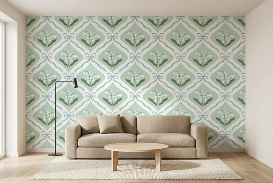 Papel tapiz Lirios de Mayo instalado en una sala de estar minimalista