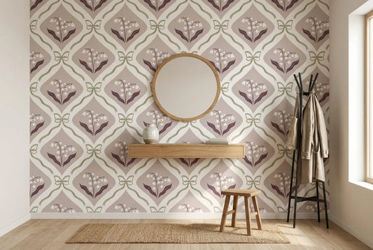 Papel tapiz Lirios y Lazos instalado en un recibidor de estilo nórdico