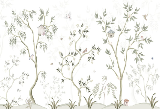 Papel tapiz mural infantil con árboles delicados, casitas de aves, pájaros y mariposas en verde salvia sobre fondo blanco.