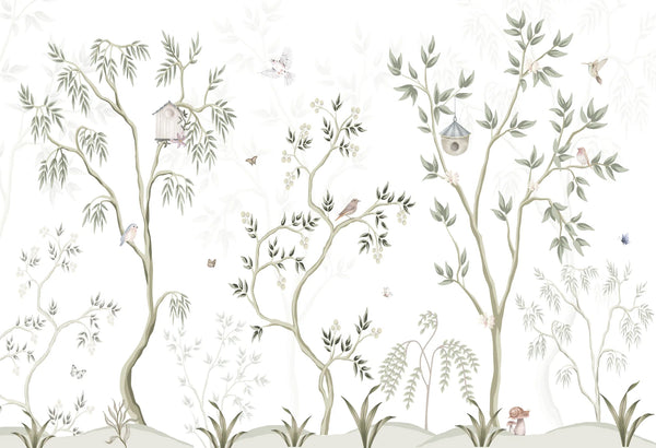 Papel tapiz mural infantil con árboles delicados, casitas de aves, pájaros y mariposas en verde salvia sobre fondo blanco.