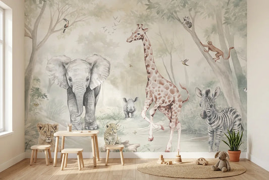 Papel tapiz Little Safari instalado en una habitación infantil