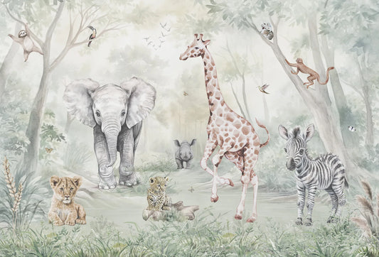 Papel tapiz mural infantil con tiernos animales de safari en tonos verde salvia y beige estilo acuarela.