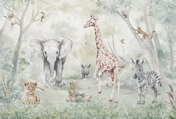 Papel tapiz mural infantil con tiernos animales de safari en tonos verde salvia y beige estilo acuarela.