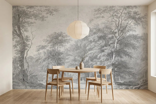 Papel tapiz Losted Grey instalado en un comedor luminoso