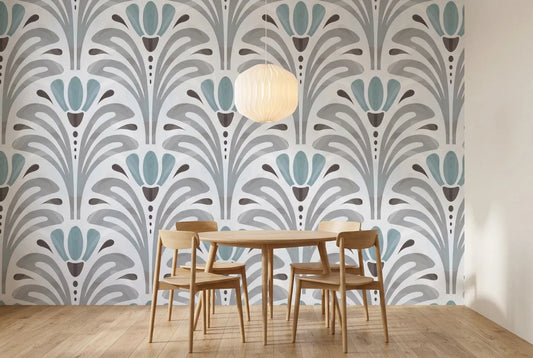 Papel tapiz Lotus Deco instalado en un comedor luminoso