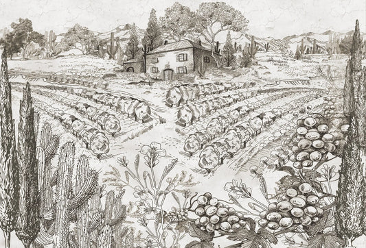 Papel tapiz estilo grabado con paisaje de viñedos, casona rústica y racimos de uvas en blanco y negro