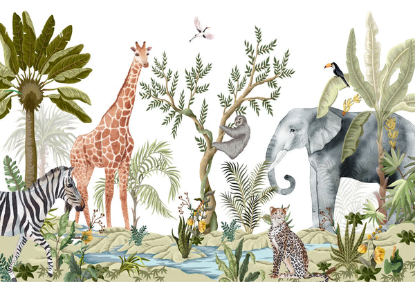 Papel tapiz mural infantil safari con elefante, jirafa, cebra y vegetación selvática