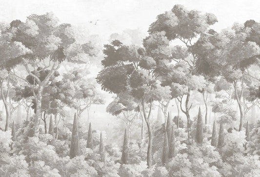 Papel tapiz mural con paisaje panorámico de bosque y cipreses en tonos gris topo y blanco roto