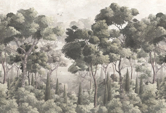 Papel tapiz mural con paisaje de bosque clásico, árboles frondosos y cipreses en tonos verde salvia y beige.