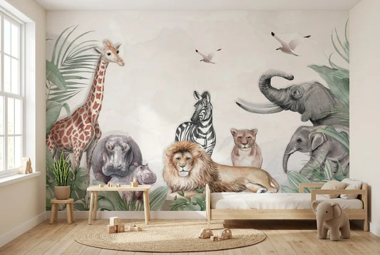 Papel tapiz Manada Safari instalado en una habitación infantil