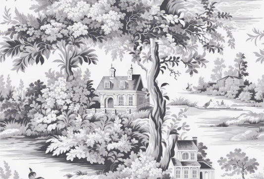Papel tapiz estilo Toile de Jouy con paisaje campestre francés y mansión en escala de grises