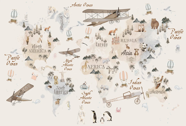 Papel tapiz mural infantil con mapamundi en acuarela beige, animales del mundo y aviones vintage.