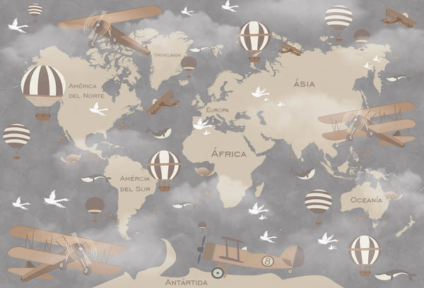 Papel tapiz mural con mapa mundi vintage, avionetas y globos aerostáticos en tonos gris y beige