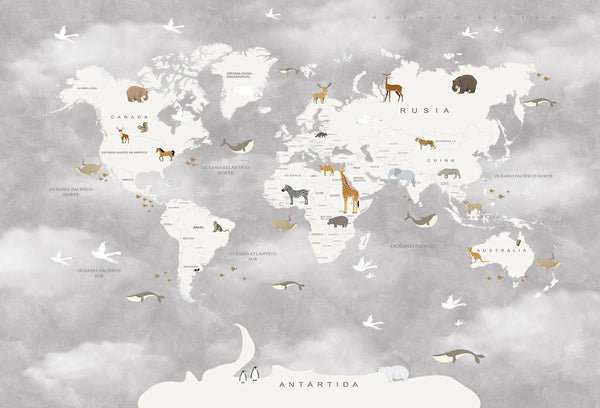 Papel tapiz de mapamundi educativo en fondo gris con animales ilustrados y continentes en blanco para pared infantil.