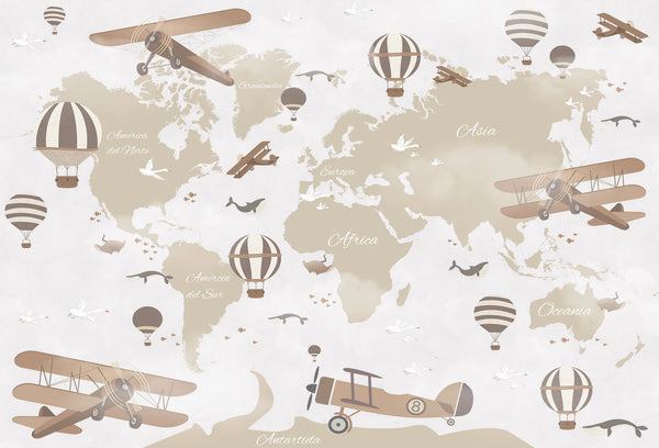 Papel tapiz mural con mapamundi beige, aviones vintage, globos aerostáticos y ballenas para cuarto infantil.