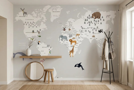 Papel tapiz Mapamundi Fauna instalado en un recibidor de estilo nórdico