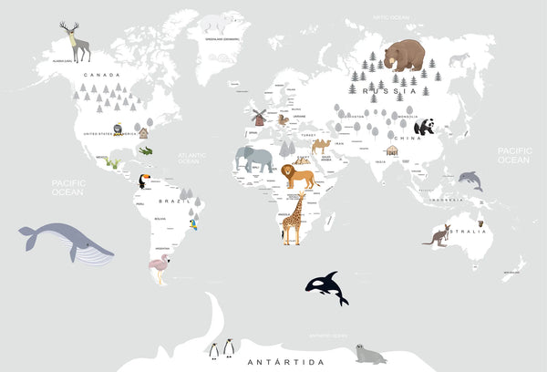 Papel tapiz mural con mapa del mundo en fondo gris claro y animales ilustrados para dormitorio infantil.