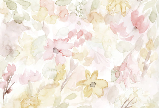 Papel tapiz de margaritas y flores silvestres pintadas en acuarela en tonos rosa, amarillo y verde pastel.