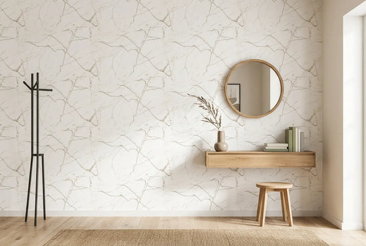 Papel tapiz Mármol Carrara instalado en un recibidor de estilo nórdico